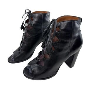 Frye Gabby Ghillie Peep Toe Cage Bootie Size 6.5 Lace Up Block Heel Ankle Black